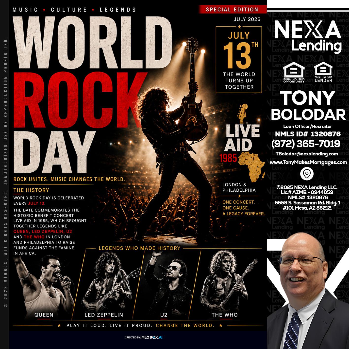 WORLD ROCK MUSIC DAY - Tony Bolodar -Loan Officer/Recruiter