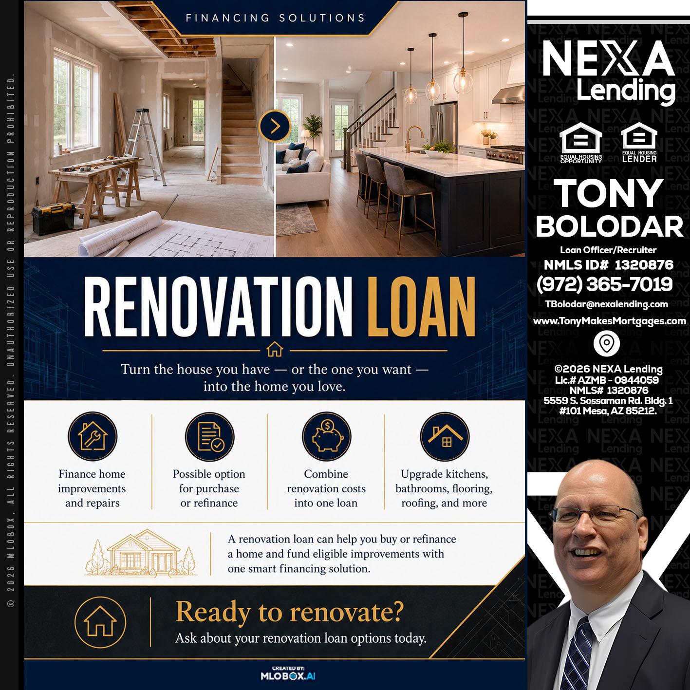 RENOVATION LOAN - Tony Bolodar -Loan Officer/Recruiter