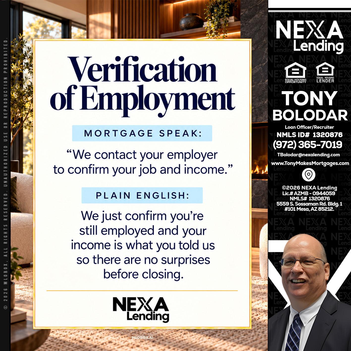 VERIFICATION OF EMPLOYMENT - Tony Bolodar -Loan Officer/Recruiter
