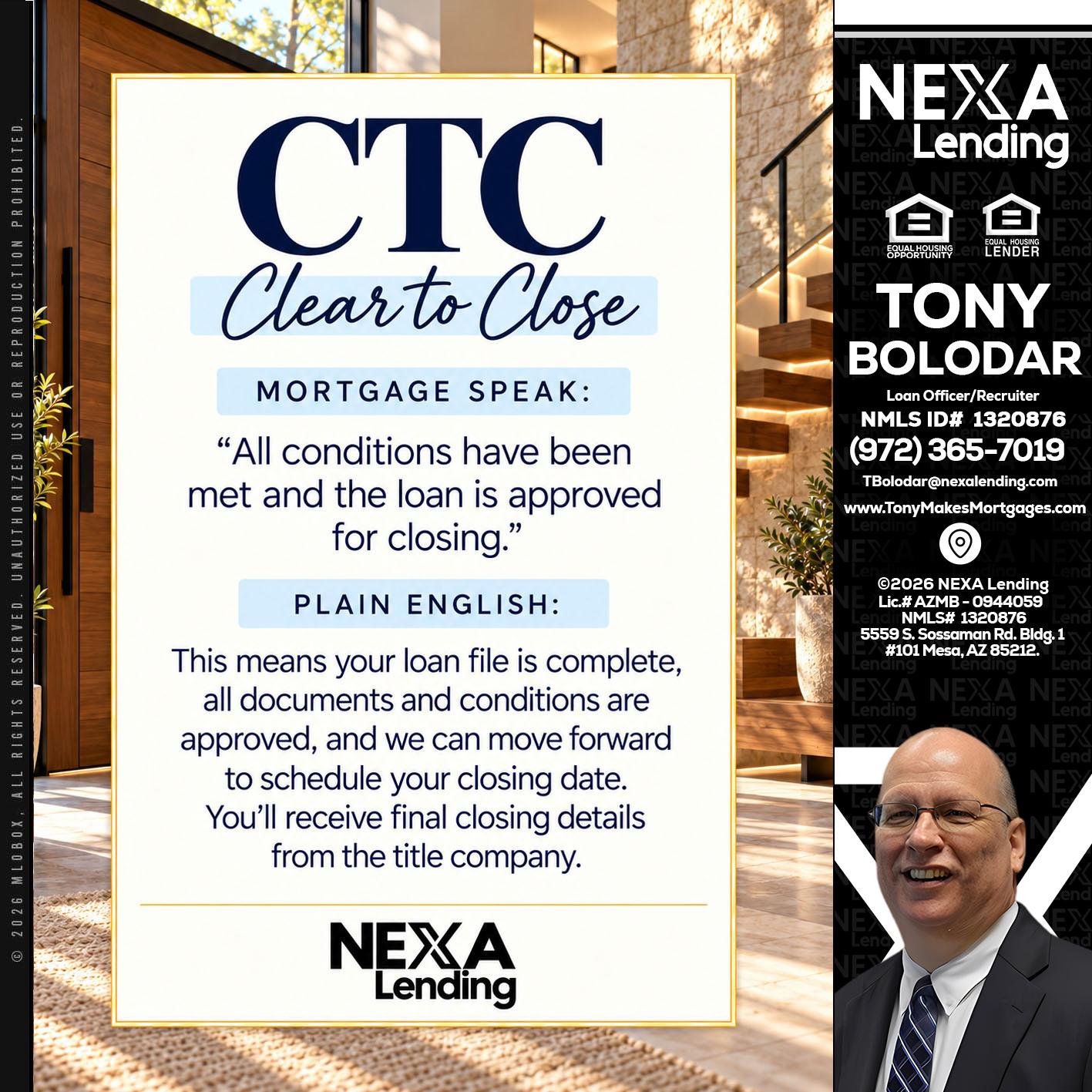 CLEAR TO CLOSE - Tony Bolodar -Loan Officer/Recruiter