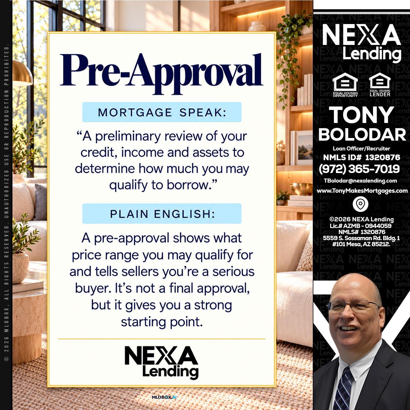 PREAPROVAL - Tony Bolodar -Loan Officer/Recruiter
