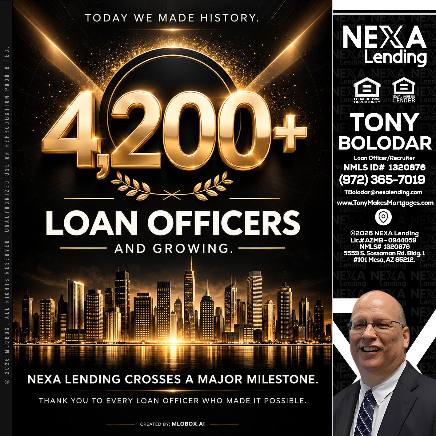 4200+. MLOs - Tony Bolodar -Loan Officer/Recruiter